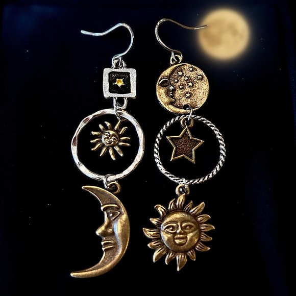 Boho Celestial Charm Earrings - Bronze and Silver toned Bohemian Boho Celestial - Picture 14 of 17